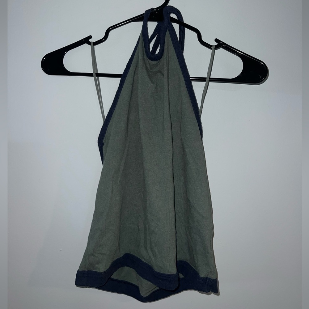 American Eagle Army Green Halter Top with Navy Trim